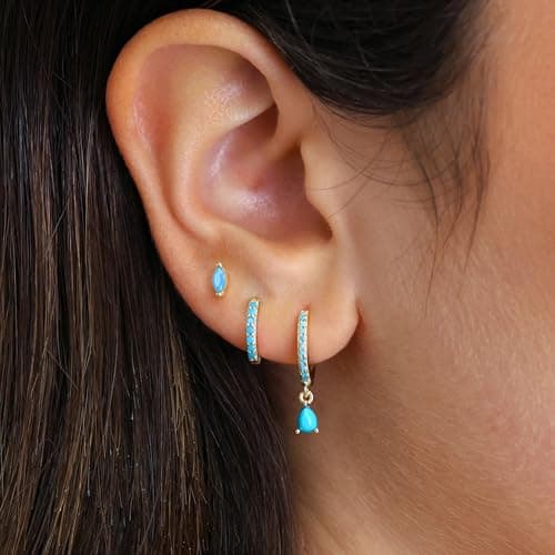 GoldGifts Turquoise Earrings - Western Beachy Boho Jewelry Gift, Hypoallergenic 14K Gold Plated Small Huggie Hoop Set for Women, Dainty Lightweight Trendy Stack Dangle Studs for Cartilage Helix