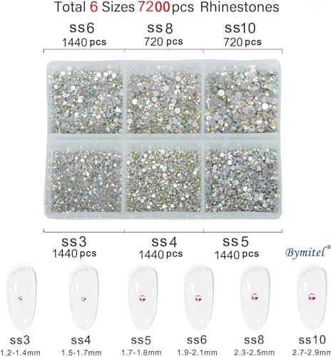 Bymitel 7200 Pieces 6 Mixed Sizes Glue Fix on Glass Rhinestones Round Crystal Gems Flatback for DIY Jewelry Making with one Picking Pen (6-Sizes 7200PCS, Crystal AB)