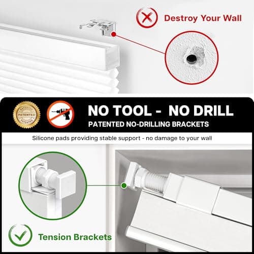 LazBlinds Cordless Cellular Shades, No Tools No Drill Light Filtering Honeycomb Shades Pleated Blinds for Windows, 34'' W x 48'' H, White