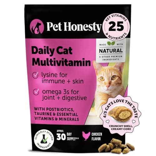Cat Multivitamin Crunchy Creamy Chews - Daily Cat Vitamins with Lysine, Prebiotics, Omega 3 Fish Oil - Cat Treats for Immune Support, Skin Coat, Digestion, Heart + Joint Health (30-Day Supply)