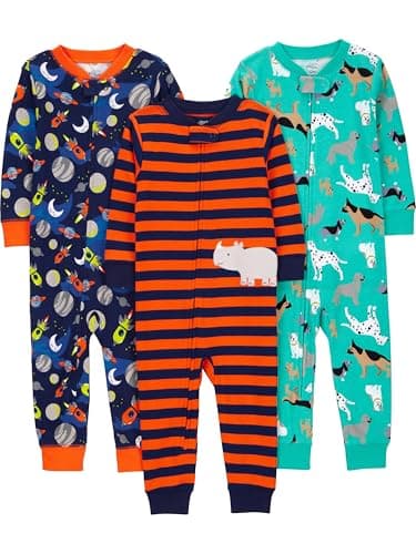 Simple Joys by Carter's Baby Boys' 3-Pack Snug Fit Footless Cotton Pajamas, Dogs/Space/Rhino, 18 Months