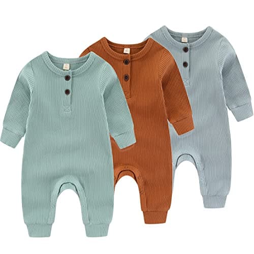 Newborn Baby Boys Girls One Piece Romper With Mitten Cuffs 3 Pack Long Sleeve Ribbed Button Jumpsuit Outfit Clothes blue+green+tan 6 months