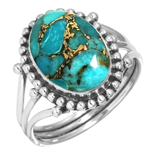JEWELOPORIUM Copper Blue Turquoise Silver Ring Size 7.5, 925 Sterling Silver Ring for Women, Oval Stone Boho Jewelry