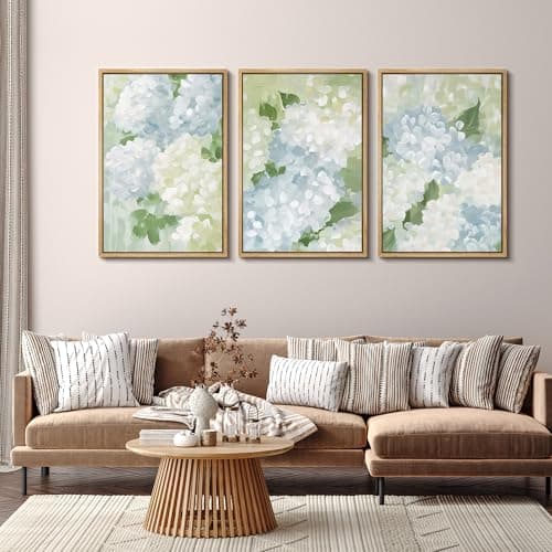 SIGNFORD Framed Canvas Print Wall Art Set Soft Hydrangea Floral Subtle Blue and Green Hues Illustrations Modern Art Relax/Calm for Living Room, Bedroom, Office - 16"x24"x3 Natural