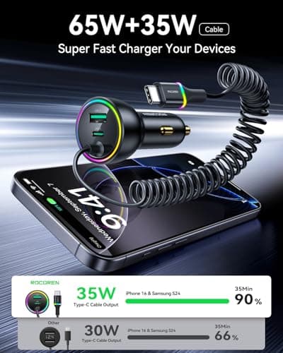 Rocoren 70W Car Charger for iPhone 17 Pro Max, USB C Car Charger Fast Charging with 5.2Ft Type C Coiled Cable, Super Fast USBC Phone Cigarette Lighter Adapter for iPhone 17/16/15, iPad,Samsung,Android