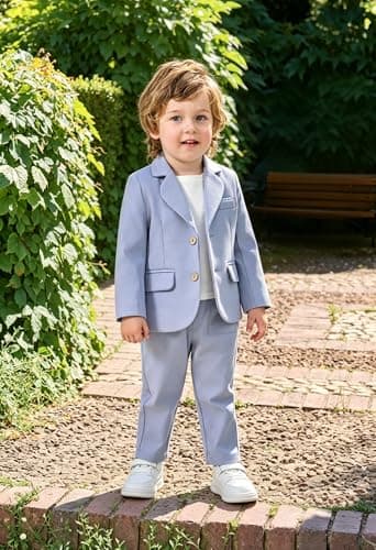 Volunboy Toddler Boy Clothes Baby Linen Tuxedo Suit Set Boys Blazer Pants Bowtie Dress Clothes (LightBlue, 4-5T)