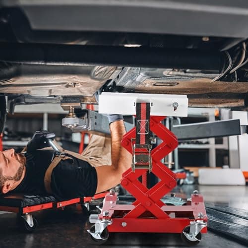 Garvee Transmission Jack 450 LBS Capacity: Low Profile Lift with 2M Safety Straps & 4 Brake Wheels, 7-23 Inch Range for Car & Truck Repair (Red)