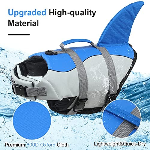 EMUST Dog Life Jacket Shark, Dog Life Vests for Small, Middle, Large Dogs with Rescue Handle Dog Flotation Vest Safety Lifesaver for Swimming Pool Beach Boating, (S,Blue)