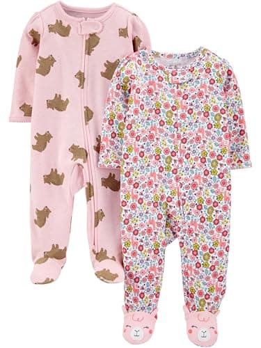 Simple Joys by Carter's Girls' 2-Pack Cotton Footed Sleep and Play, Pink Bears/Floral, 3-6 Months