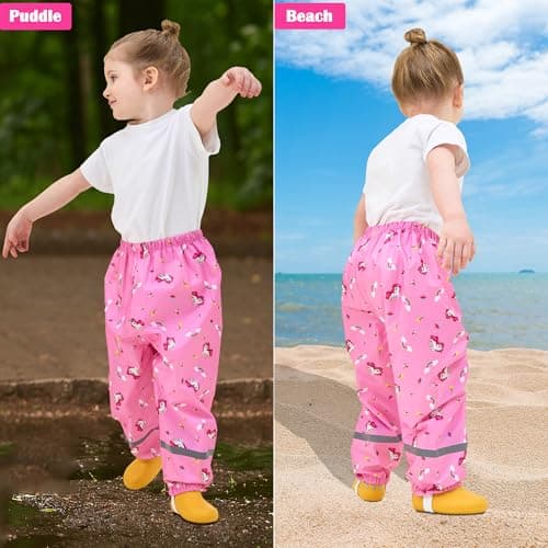 Fewlby Toddler Rain Pants Kids' Waterproof Rain Pants Lightweight Reflective Rain Wear for Boys Girls Pink