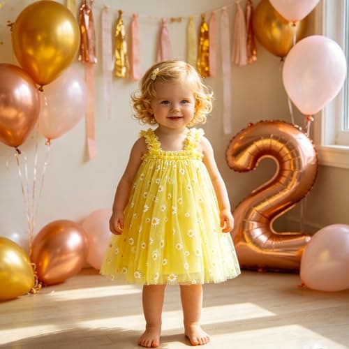 AGQT Baby Girls Daisy Tutu Dress Sleeveless Kids Tulle Birthday Party Dresses Casual Playwear Tunic Babydoll Dress Yellow Daisy-Lace Size 12-18 Months