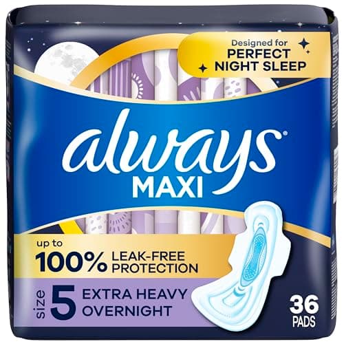 Always Maxi Pads for Women, Extra Heavy Overnight Pad with Wings, Size 5, Unscented, 36 Count