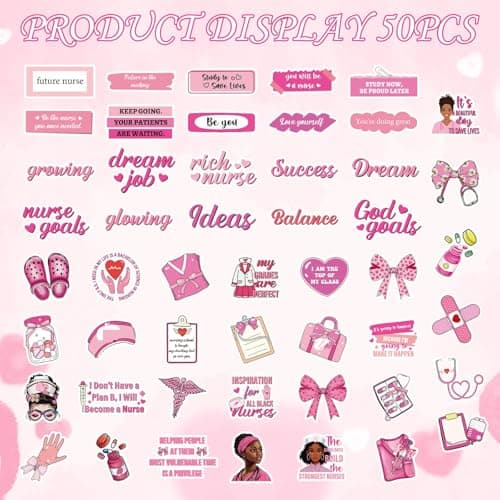 Vemfare Pink Nurse Stickers for Women - 50 Pcs Black Women Water Bottle Stickers for Appreciation Gifts, Waterproof Scrapbook Decals, Motivational Vinyl Sticker for Laptop Journaling