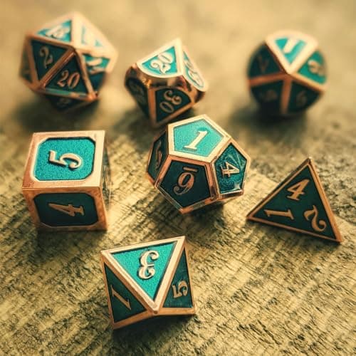 Haxtec D&D Metal Dice Set of 7 Die for Dungeons and Dragons Roleplaying Games-Copper Teal Metal Dice