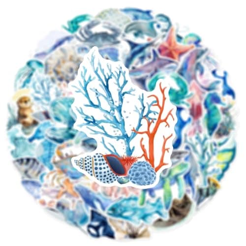 50 Pcs Watercolor Marine Life Stickers - Waterproof Vinyl Ocean Creature Decals (Dolphins/Whales/Turtles Styles) for Skateboard, Laptop & Luggage(Marine Bio-50)