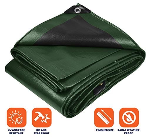 Tarpco Safety Extra Heavy Duty 14 Mil Tarp Cover, Waterproof, UV Resistant, Rip and Tear Proof, Poly Tarpaulin with Reinforced Edges for Roof, Camping, Patio, Pool, Boat (Green/Black 20′ X 20′)