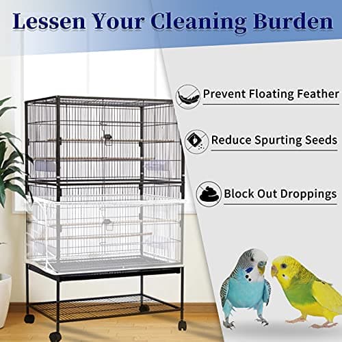 Large Bird Cage Cover, Daoeny Bird Cage Seed Catcher, Adjustable Soft Airy Nylon Mesh Net, Birdcage Cover Skirt Seed Guard for Parrot Parakeet Macaw African Round Square Cages (White)
