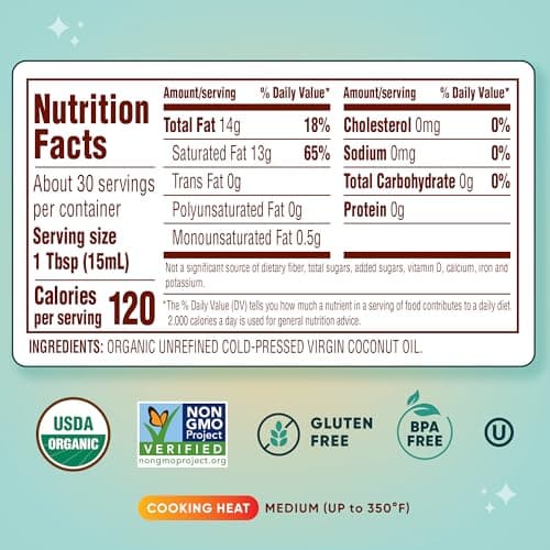 Nutiva Organic Coconut Oil, 444 ml - USDA Organic Cold Pressed Unrefined Extra Virgin Coconut for Cooking, Skin, Hair, Massage, and Oil Pulling. Contains Natural MCT