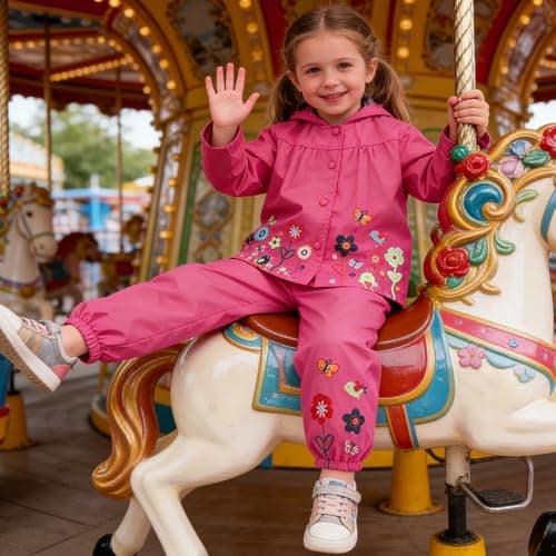 LZH Girl Baby Kid Waterproof Hooded Coat Jacket Outwear Suit Raincoat Hoodies with Pants Magenta 5T(For Age 4-5Y)