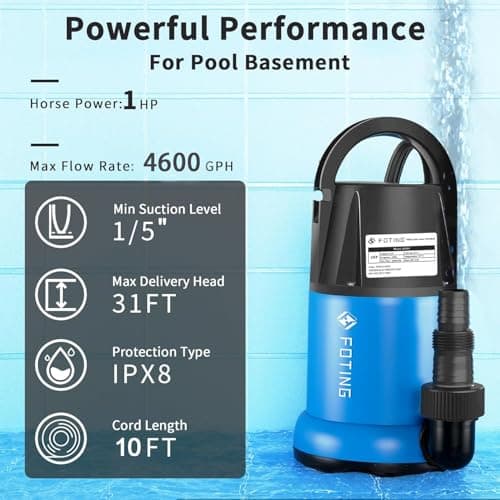 FOTING 1 HP 4600 GPH Sump Pump, Thermoplastic Portable Submersible Water Pump for Swimming Pool Garden Pond Basement Window Wells with 10FT Power Cord