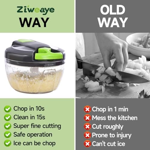 Ziweaye Manual Food Processor Vegetable Chopper, Portable Hand Pull String Garlic Mincer Onion Cutter for Veggies, Ginger, Fruits, Nuts, Herbs, etc., 500ml,(Gray-green)