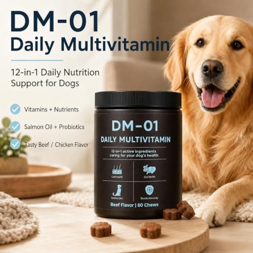 DM-01 Daily Multivitamin for Dogs, Salmon Oil, Probiotics, Beef, 60 Count