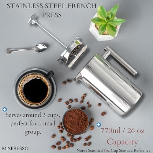 Mixpresso Stainless Steel French Press Coffee Maker 26 Oz 770 ml, Double Wall Insulated French Press Stainless Steel, Easy Clean Tea Brewer, Easy Press Durable Metal Coffee Press