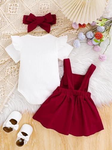 LUJENGEFA Toddler Baby Girl Short Sleeve Ribbed Top Bow Overall Dresses Suspender Skirt 3Pcs Outfits Clothes Set Red 12-18 months