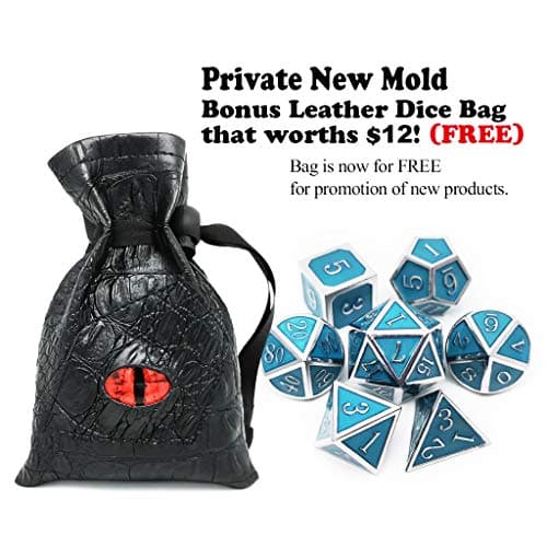 Haxtec Glow in The Dark Metal Dice Set Glowing Blue Silver W/ Dragon Dice Bag 7 Die D&D Dice Set for Dungeons and Dragons RPG Games-Silver Glowing Blue
