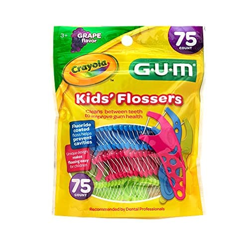 GUM Crayola Kids' Fluoride Coated Flosser Picks, Helps to Prevent Cavities Between Teeth, Grape Flavoured, Colours: Blue, Green, Pink, 75 Flossers (1 Bag)