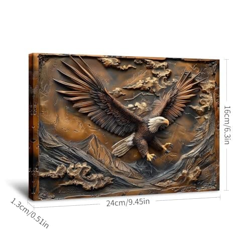 Embossed Eagle Over Mountains Framed Canvas Wall Art Ready To Hang Prints For Home Decoration, Idea Gift For Living Room & Bedroom, Office, Festival Party