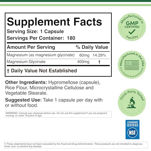 Magnesium Glycinate 400mg | 180 Capsules | Sleep, Muscle, & Heart Support | Vegan, Third Party Tested, Gluten Free, Non-GMO, by Double Wood Supplements