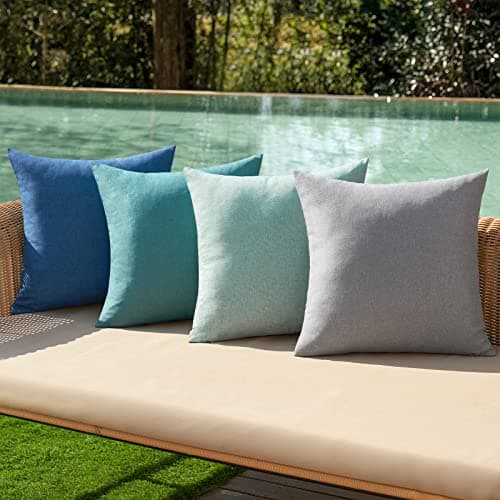 MIULEE Pack of 4 Decorative Outdoor Solid Waterproof Throw Pillow Covers Linen Garden Farmhouse Cushion Cases for Patio Tent Balcony Couch Sofa 18x18 inch Blue