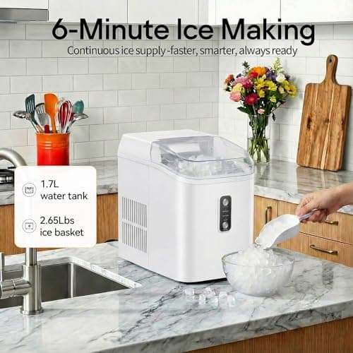 KMFurnila Nugget Ice Maker Countertop, Portable Ice Makers Machine with Removable Basket and Scoop, Self-Cleaning, Quiet, 6-Min Ready, 24lbs in 24Hrs, Visible, for Home, Party, RV, Camping, White
