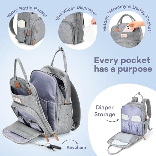 RUVALINO Diaper Bag Backpack - Multifunction Waterproof Travel Backpack, Baby Bag with Changing Pad & Stroller D-Ring & Pacifier Case - Travel Essentials & Baby Registry Search & Shower Gifts - Gray