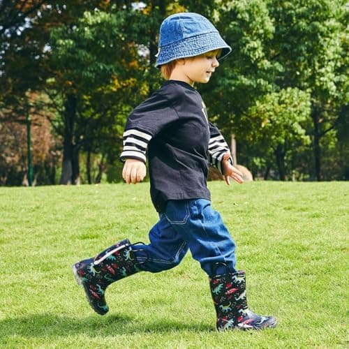 Toddler Rain Boots Kids Light Up Rain Boots for Boys Dinosaur Waterproof Patterns Rainboot with Easy Pull On Handles, Little Kid Size 12
