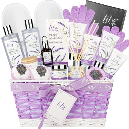 Gifts for Women, Birthday Gifts - 18-Piece Bath and Body Basket, Mothers Day Gift Basket for Mom, Lavender Spa Gift Basket for Women, Bath Collection, Spa Kit | Christmas Gift, Perfect Spa Present for Her Valentines Day