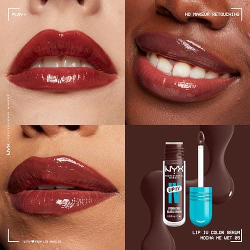 NYX Professional Makeup Lip IV Hydrating Gloss Stain, Lip Gloss, Infused with VITAMINS & COCONUT WATER, Up to 12HR Hydration, High Pigment, Wet Shine Finish, Shade: Mocha Me Wet