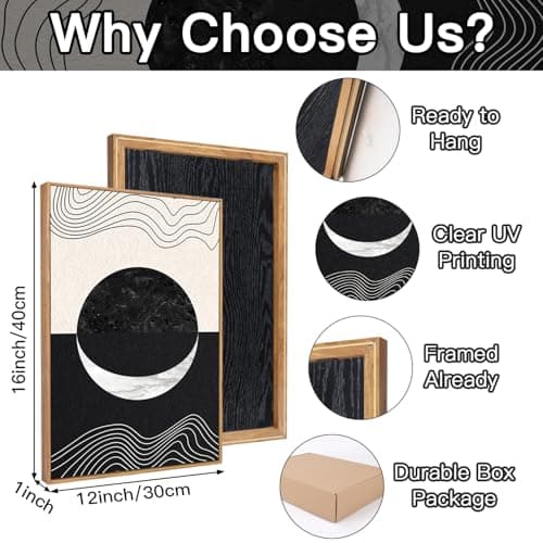 CHDITB Abstract Sun Moon Framed Canvas Art Prints Set(12"x16"), 3 Panels Modern Neutral Black and White Artwork Painting, Large Boho Minimalist Fine Line Wall Art Home Decor for Bedroom Living Room