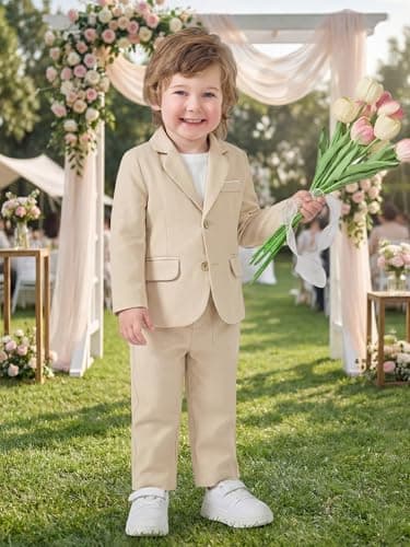 Volunboy Toddler Suit Baby Boy 2 Piece Formal Tuxedo Boys Cotton Linen Gentleman Outfit (LightKhaki, 3-4T)