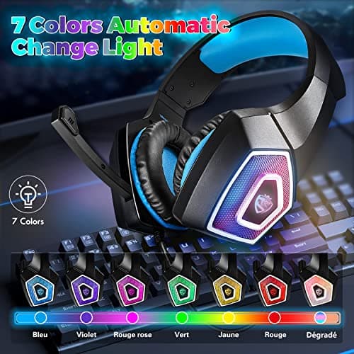 Gaming Headset with Mic for Xbox One PS4 PC Switch Tablet Smartphone, Headphones Stereo Over Ear Bass 3.5mm Microphone Noise Canceling 7 LED Light Soft Memory Earmuffs(Free Adapter)