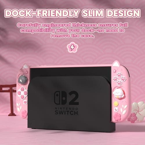 PlayVital Cherry Blossoms Kitten Protective Case for Nintendo Switch 2 with Stand | Cute Cat Ear & Paw Silicone Grips, Dockable Hard Shell, 2 Joystick Caps | Full-Body Protection Cover - Pink