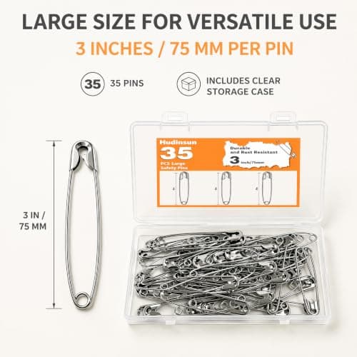 Hudinsun 35 Pack 3 Inch Large Safety Pins, Heavy Duty Laege Safety Pins for Clothes, Sewing and Craft, Silver