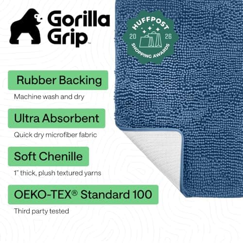 GORILLA GRIP Bath Mat, Thick Soft Absorbent Chenille Floor Mats, Rubber Backing Bathmat, Quick Dry Rug, Machine Washable Rugs for Shower and Tub Floors, Bathroom Accessories Decor, 61x43 cm, Blue