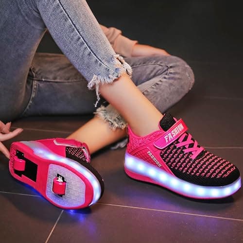 Ufatansy Roller Shoes for Girls LED Fashion Sneakers Kids Roller Skate Shoes Boys USB Rechargeable Light Up Wheels Shoes(13 M US =CN31, Double Wheel, Pink)