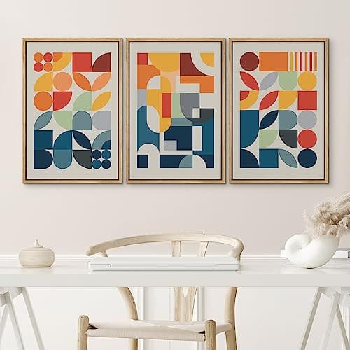 NWT Framed Canvas Print Wall Art Set Mid-Century Modern Colorful Geometric Color Block Abstract Shapes Digital Art Illustrations Modern Art Decorative Minimalist for Bedroom - 24"x36"x3 Natural