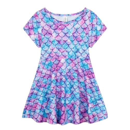 Mud Kingdom Toddler Girls Dress Crewneck Round Neck Short Sleeve Blue Mermaid Printing Casual Summer 3T