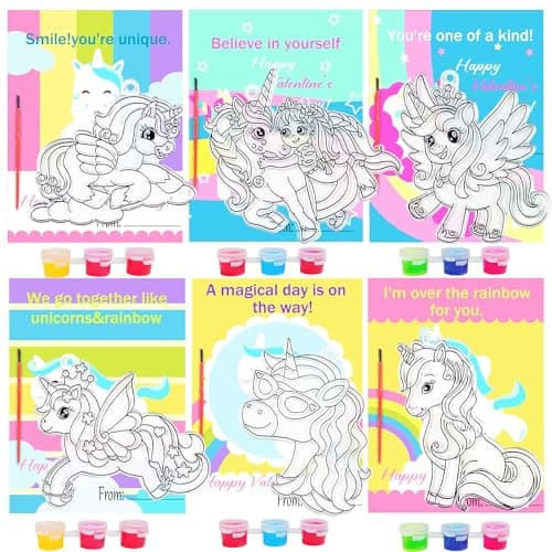 Ayhuhra 30 Sets Valentines Day Cards with Unicorn Paint Set-Unicorn Suncatchers Craft Kits DIY Window Paint Art for Valentine's Day Art Craft Gift Exchange
