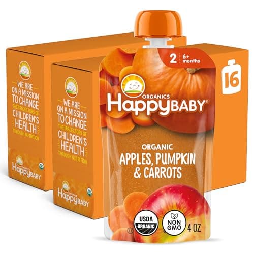 Happy Baby Organics Stage 2 Baby Food Pouches, Gluten Free, Vegan & Healthy Snack, Clearly Crafted Fruit & Veggie Puree, Apples, Pumpkin & Carrots, 4 Ounces (Pack of 16)