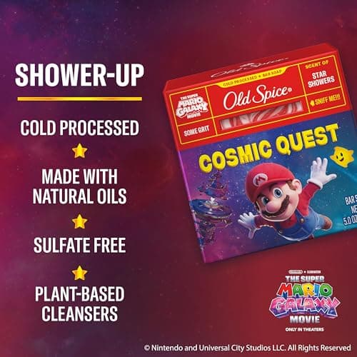 Old Spice Bar Soap for Men, x The Super Mario Galaxy Movie, Cold Pressed with Grit, Made with Natural Oils & Plant Based Cleanser, Star Showers with Juicy Pear & Cedarwood Scent, 5.0 oz